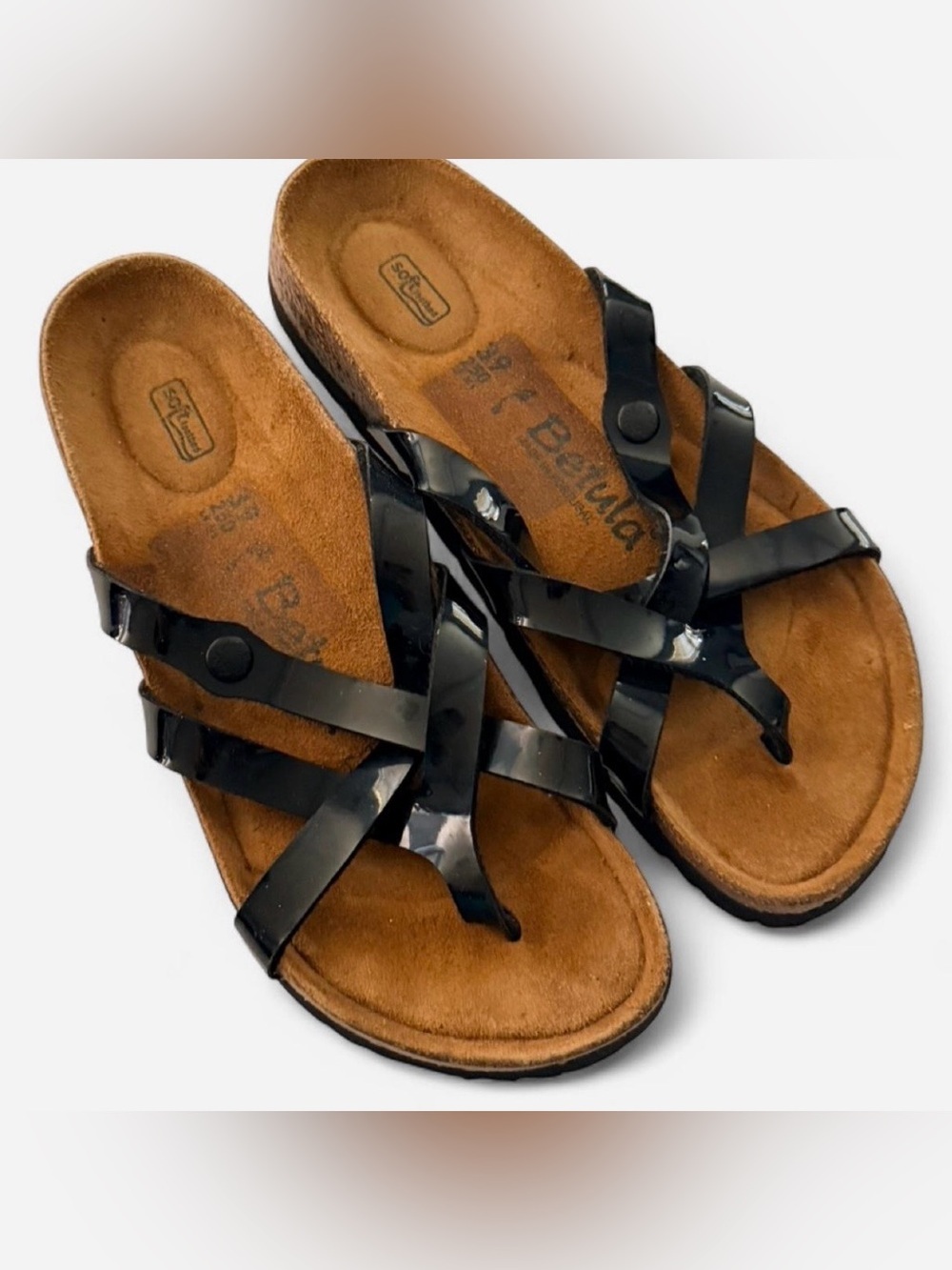 Betula by Birkenstock Black Patent Strappy Toe-Post Sandals, EUC